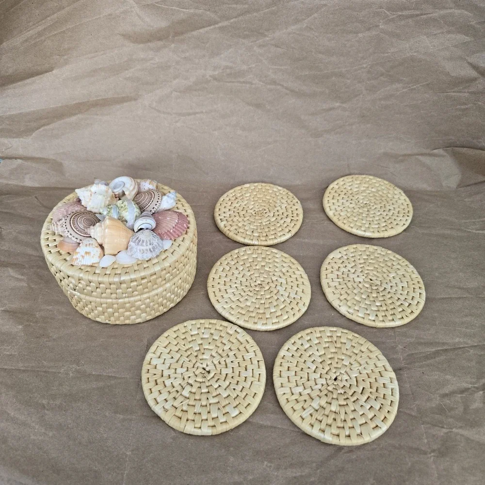 Woven Coasters  (6)‎ w/ Matching Decorative Basket Colorful Shells Beach Coastal